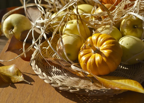 Acción de Gracias Fondo con calabazas y manzanas. Tarjeta retro —  Fotos de Stock