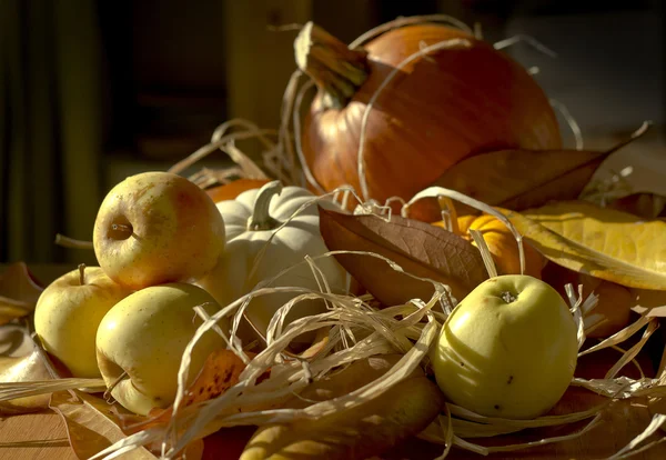 Thanksgiving achtergrond met pompoenen en appels. Retro kaart — Stockfoto