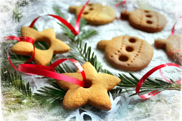Fundo de Natal com biscoitos, ramos de abeto e floco de neve — Fotografia de Stock