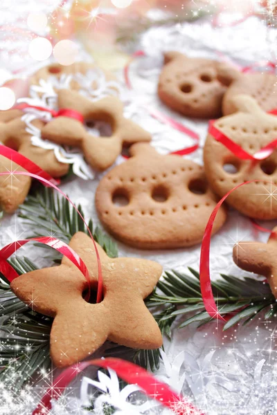 Fundo de Natal com biscoitos, ramos de abeto e floco de neve — Fotografia de Stock