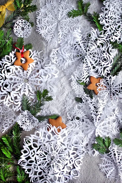 Christmas background with cookies, fir-tree branches and snowflake — Stock Photo, Image