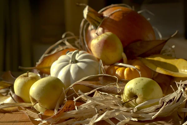 Erntedank mit Kürbissen und Äpfeln. Retro-Karte — Stockfoto