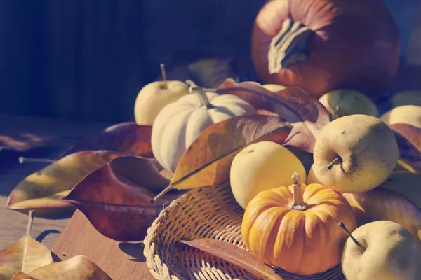 Acción de Gracias Fondo con calabazas y manzanas. Tarjeta retro — Foto de Stock