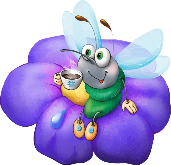 Caricature abeille sur fleur avec thé — Image vectorielle