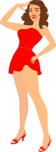 Vector menina retro em vestido vermelho — Vetor de Stock