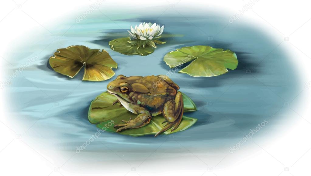 Frog sitting on a lily leaves in a puddle