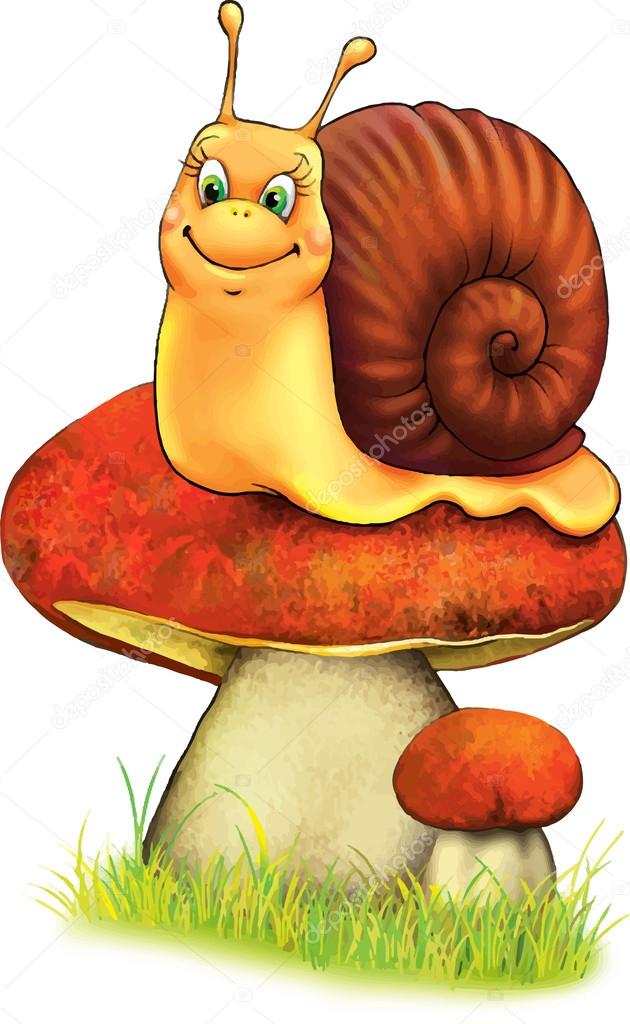 Cute snail and two mushrooms on green grass — Stock Vector