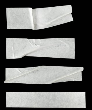 Collage white pieces of scotch tape isolated on a black background.  set stripes of masking tape. Insulating tape clipart
