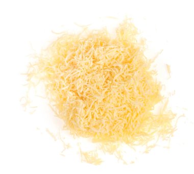 Izole edilmiş rendelenmiş peynir. Sarı dilimlenmiş peynir. Üst görünümü kapat.