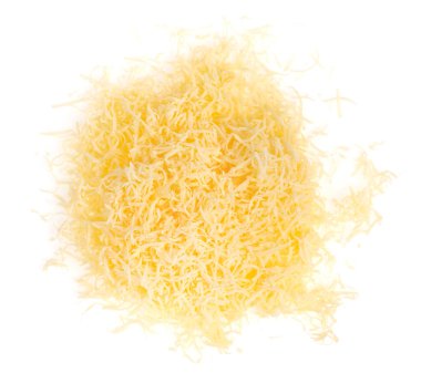 Izole edilmiş rendelenmiş peynir. Sarı dilimlenmiş peynir. Üst görünümü kapat.