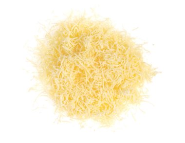 Izole edilmiş rendelenmiş peynir. Sarı dilimlenmiş peynir. Üst görünümü kapat.