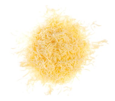 Izole edilmiş rendelenmiş peynir. Sarı dilimlenmiş peynir. Üst görünümü kapat.