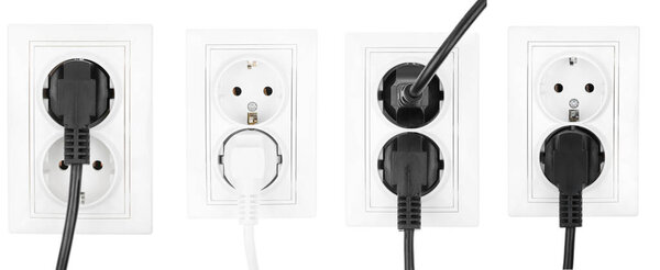 Collage double power European electric plug isolated on a white. electric cord plugged into a white electricity socket on white background