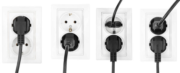 Collage double power European electric plug isolated on a white. electric cord plugged into a white electricity socket on white background