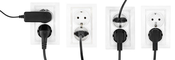Collage double power European electric plug isolated on a white. electric cord plugged into a white electricity socket on white background
