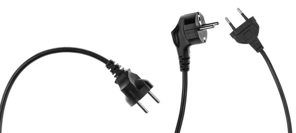 在白色背景上孤立的胶合欧洲电源插头 带插头的黑色电力电缆 电源线特写 — 图库照片