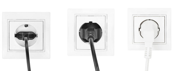 Collage power European electric plug isolated on a white.  electric cord plugged into a white electricity socket on white background