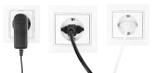 Collage power European electric plug isolated on a white.  electric cord plugged into a white electricity socket on white background