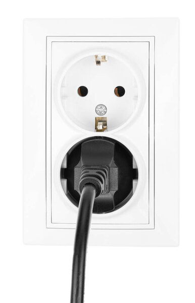Double power European electric plug isolated on a white. Black electric cord plugged into a white electricity socket on white background