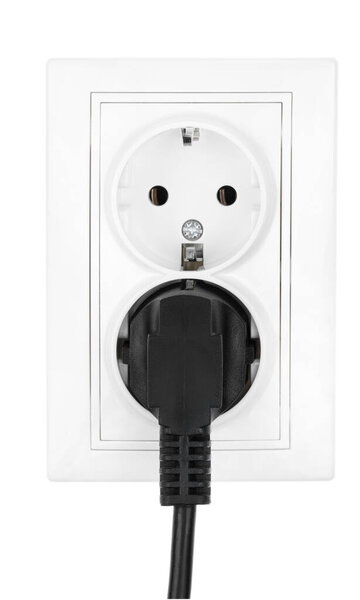 Double power European electric plug isolated on a white. Black electric cord plugged into a white electricity socket on white background