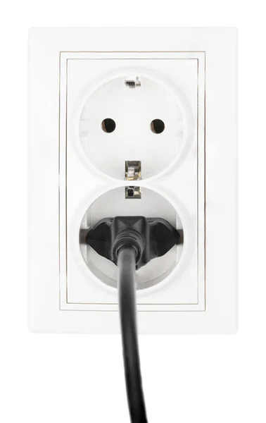 Enchufe Eléctrico Europeo Doble Potencia Aislado Blanco Cable Eléctrico Negro — Foto de Stock