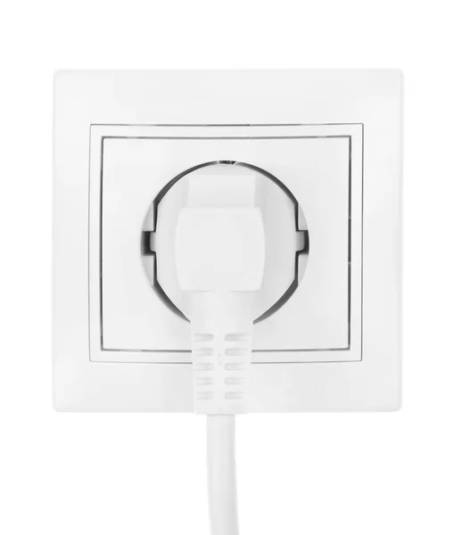 Stroom Europese Elektrische Stekker Geïsoleerd Een Wit Elektrische Snoer Aangesloten — Stockfoto