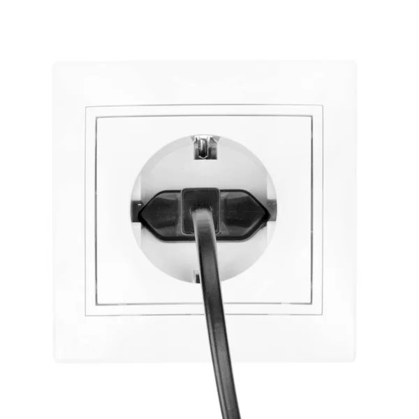 Enchufe Eléctrico Europeo Aislado Blanco Cable Eléctrico Negro Conectado Una — Foto de Stock