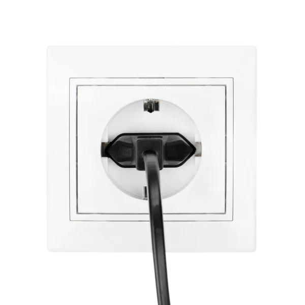 Poder Plugue Elétrico Europeu Isolado Branco Cabo Elétrico Preto Conectado — Fotografia de Stock