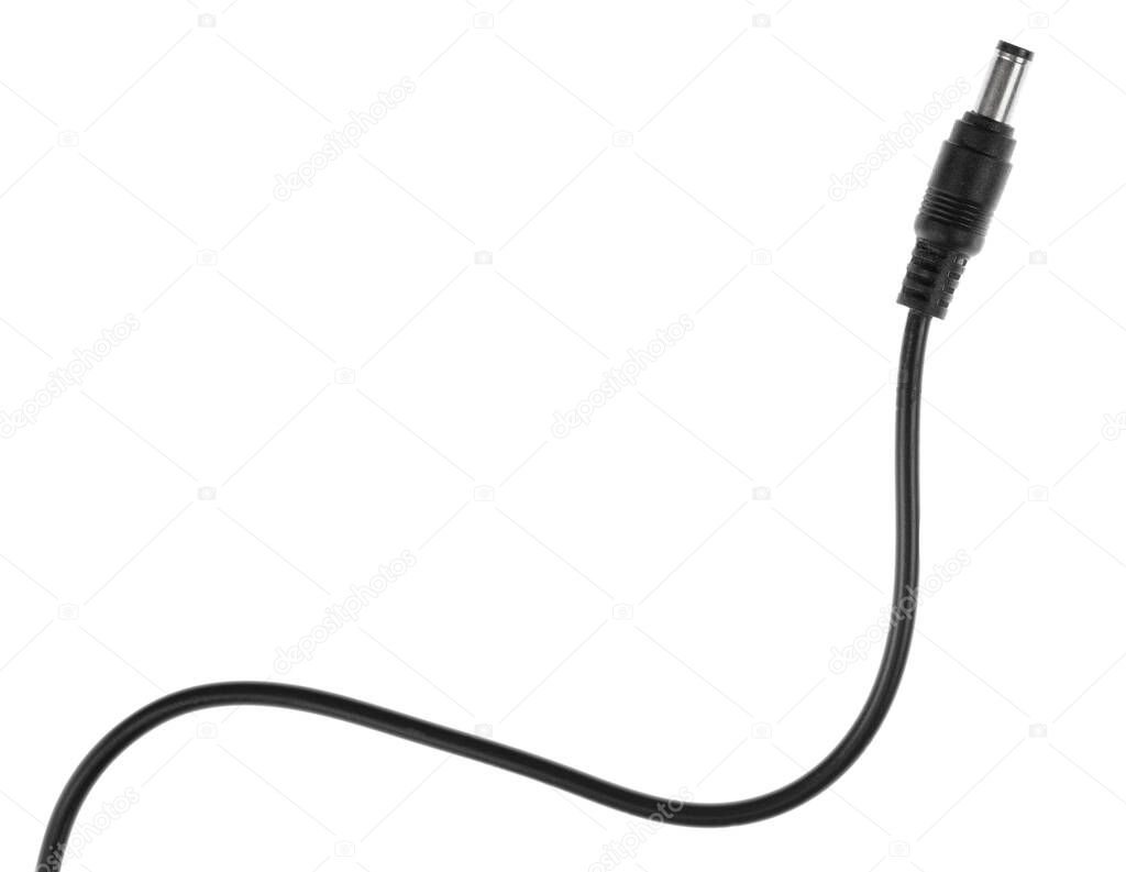Electric European plug isolated on white background. Black power cable with plug. Power cord close-up