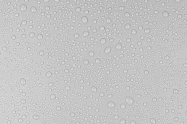 Beyaz arkaplan dokusuna su damlaları. Arkaplan camı su damlalarıyla kaplı. Sudaki gri kabarcıklar