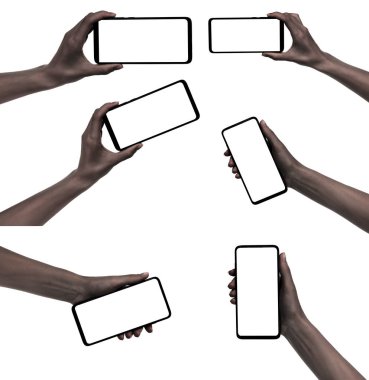 Siyah, yeni akıllı telefonu tutan beyaz arka planı boş ekranlı kolaj afro kadın. telefon kırpma yolunu kullanarak elleri ayarla