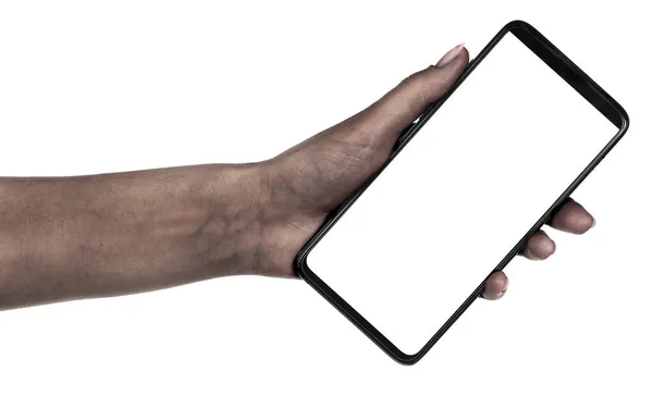 Afro Vrouw Hand Houden Van Zwarte Nieuwe Smartphone Met Blanco — Stockfoto