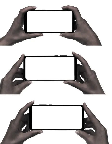 Коллаж Афро Женщина Рука Держа Черный Новый Смартфон Чистым Экраном — стоковое фото