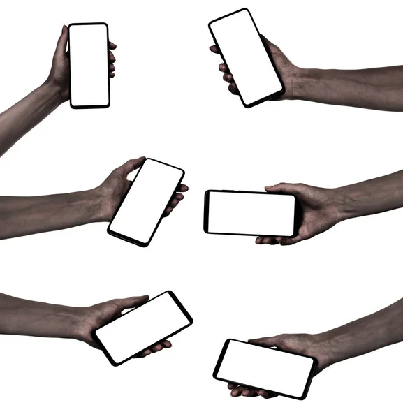 学院非洲裔妇女手握黑色新的智能手机与空白屏幕隔离的白色背景 设置使用电话剪接路径的手 — 图库照片