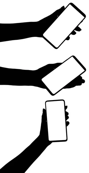 一个手握着黑色智能手机的人物形象与空白屏幕隔离的白色背景的图片 设置使用电话剪接路径的手 — 图库照片