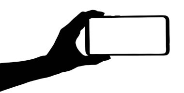 Akıllı telefonu boş ekran izole edilmiş beyaz arka planda tutan bir elin silüeti. Telefonu kullanan eller.