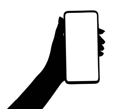 Akıllı telefonu boş ekran izole edilmiş beyaz arka planda tutan bir elin silüeti. Telefonu kullanan eller.