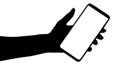 Akıllı telefonu boş ekran izole edilmiş beyaz arka planda tutan bir elin silüeti. Telefonu kullanan eller.