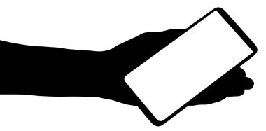 Akıllı telefonu boş ekran izole edilmiş beyaz arka planda tutan bir elin silüeti. Telefonu kullanan eller.