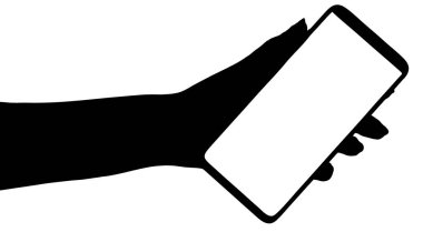 Akıllı telefonu boş ekran izole edilmiş beyaz arka planda tutan bir elin silüeti. Telefonu kullanan eller.