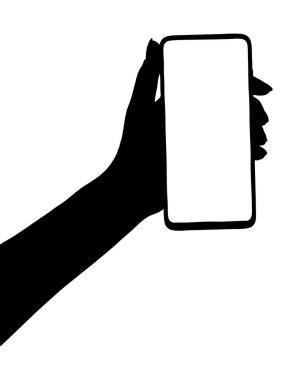 Akıllı telefonu boş ekran izole edilmiş beyaz arka planda tutan bir elin silüeti. Telefonu kullanan eller.