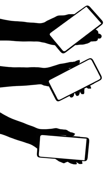 Коллаж Иллюстрации Силуэта Руки Держащей Смартфон Чистым Экраном Изолированного Белого — стоковое фото