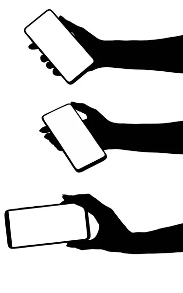 Collage Illustration Silhouette Hand Holding Smartphone Blank Screen Isolated White — Stock Photo, Image