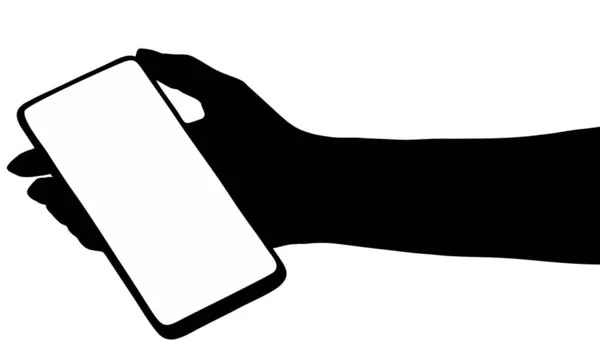 スマートフォンを持った手のシルエットのイラストが白地を隔てています 携帯電話を使って — ストック写真