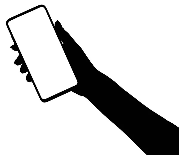 一个手握智能手机的人物形象与空白屏幕隔离的白色背景的图片 使用电话的手 — 图库照片