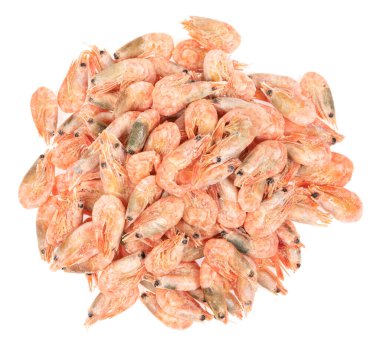 Beyaz arka planda soyulmamış donmuş karides