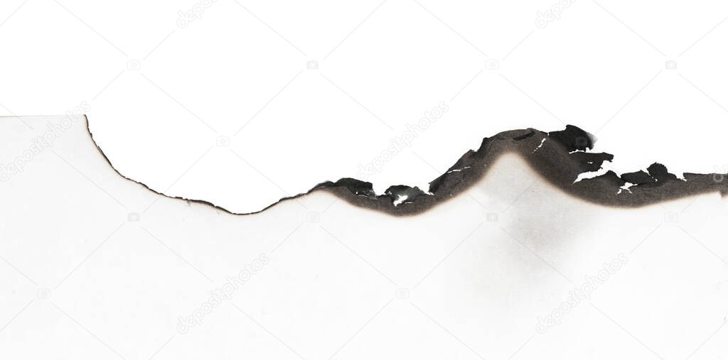 Burnt paper edge isolated on white background. burns borders paper close up