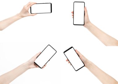 Siyah yeni akıllı telefonu beyaz arka planda boş ekran ile tutan kolaj kadın eli. Kadın ellerini telefon kesme yolunu kullanarak ayarla. Tasarımcı için boş