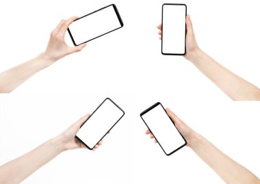 Siyah yeni akıllı telefonu beyaz arka planda boş ekran ile tutan kolaj kadın eli. Kadın ellerini telefon kesme yolunu kullanarak ayarla. Tasarımcı için boş