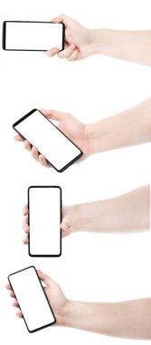 Siyah yeni akıllı telefonu tutan kolaj erkek eli beyaz arka planda boş ekran ile. Adam ellerini telefon kesme yolunu kullanarak ayarla. Tasarımcı için boş